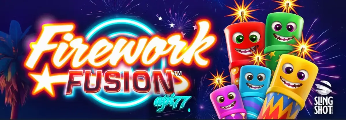 Tampilan visual slot Firework Fusion dengan latar belakang karnaval tepi pantai